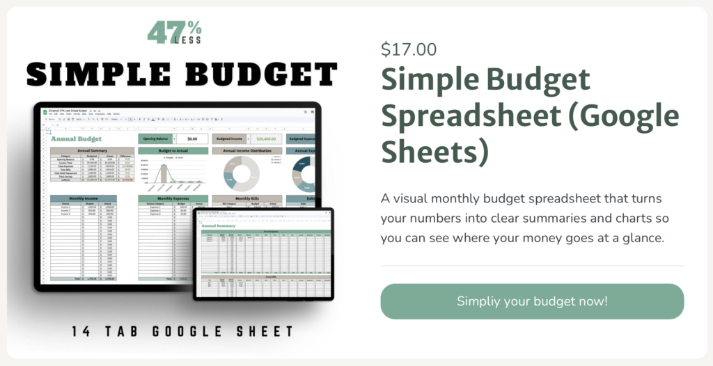 mockup of the simple budget spreadsheet created by 47% less