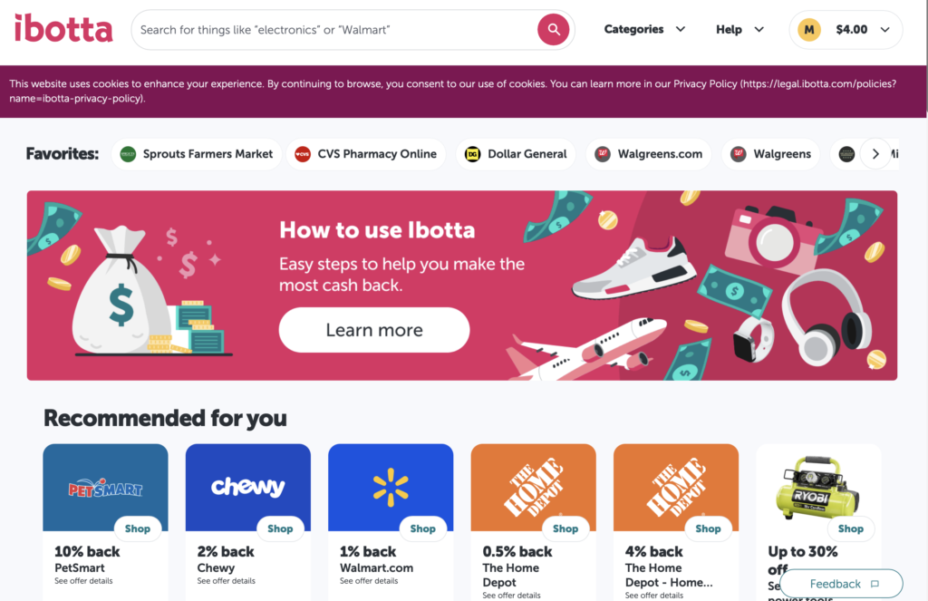 screenshot of the Ibotta website one of the apps to save money